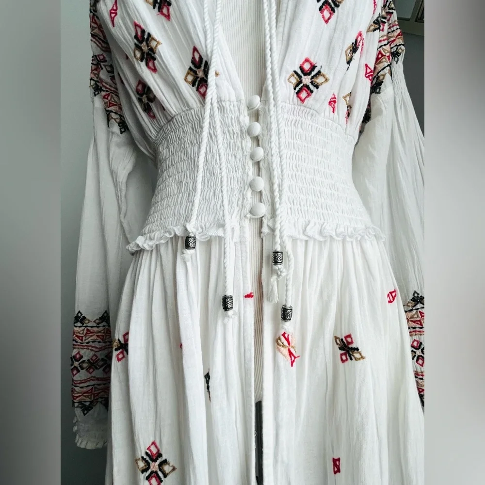 Free People White and Pink Embroidered Tunic